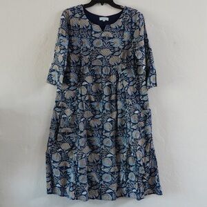 Karma East Cotton Midi Dress – Size M, Navy Blue Floral, Pockets